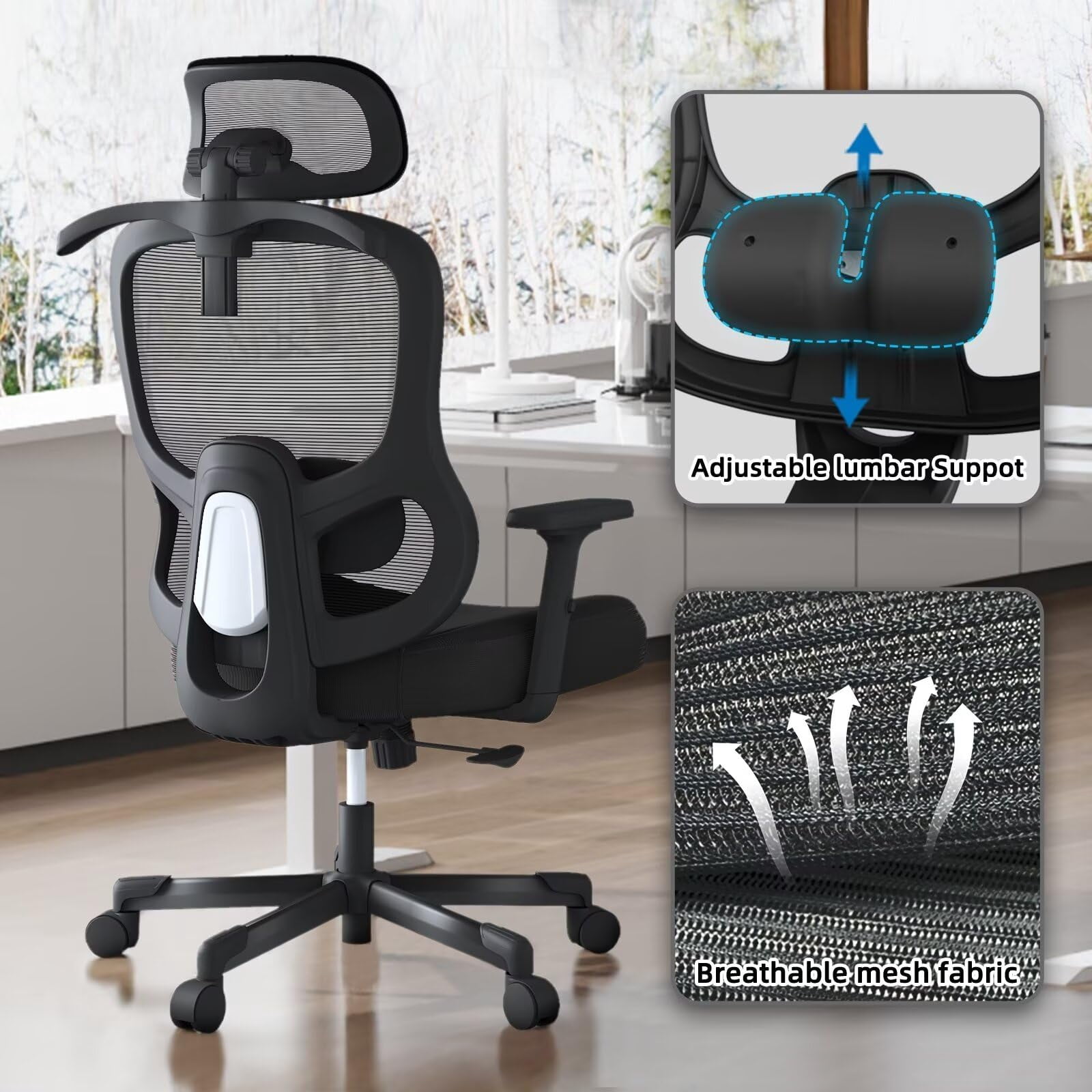 Ergonomic Office Chair With adjustable Lumbar Support, Breathable Mesh, Rotating tilt Lock, Black