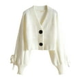 thumbnail image 4 of Wang6 Womens Chunky Cropped Cardigan Sweaters White Fall Open Front Button Knit Sweater Long Sleeve Knitted Tops Causal V Neck Loose Lantern Sleeves Outwear White One Size, 4 of 4