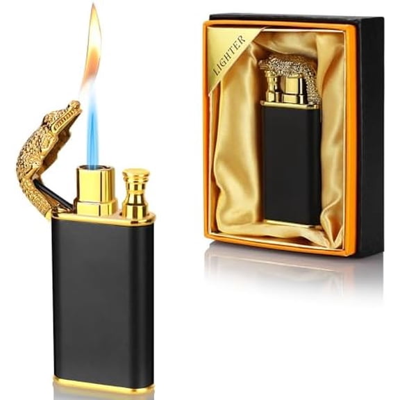 Magic Dual Flame Crocodile Lighter, Butane Refillable Torch Lighter Double Flame Crocodile Lighter Switchable Windproof Jet & Soft Fire Cool Lighter Creative Gift for Men (Black, Without Gas)
