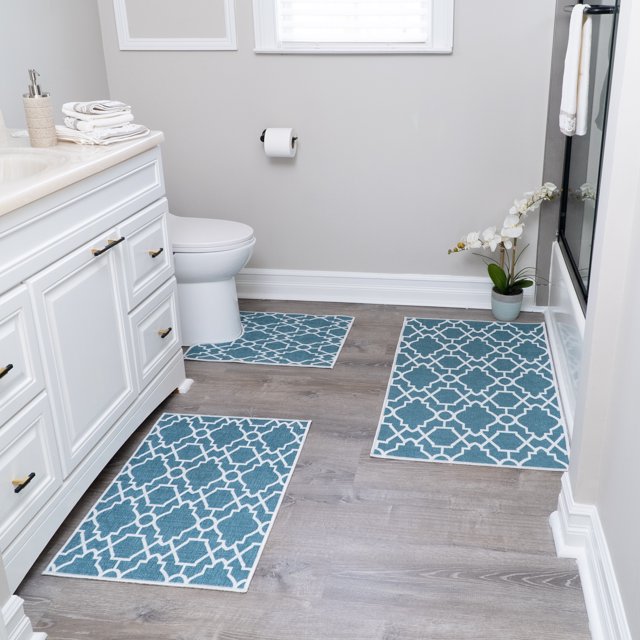 Geometric Design 3 Piece Bathroom Rugs Set - Non-Slip Ultra Thin Bath Rugs for Bathroom Floor - Washable Cotton Bathroom Mats Set