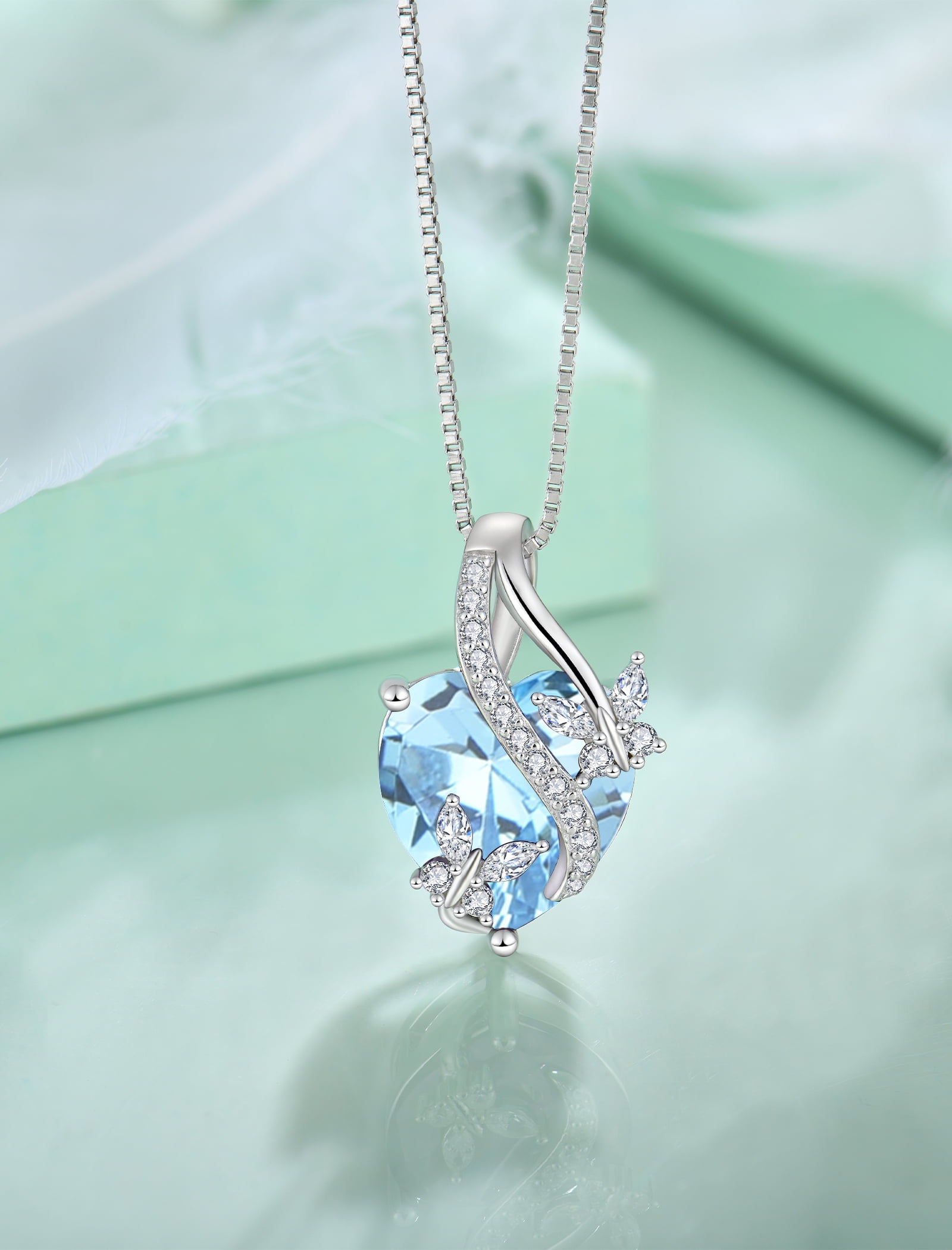 VESITIM Infinite Heart Pendant Sterling Silver Butterfly Necklace for Women Jewelry Gift with Birthstone March Created Aquamarine