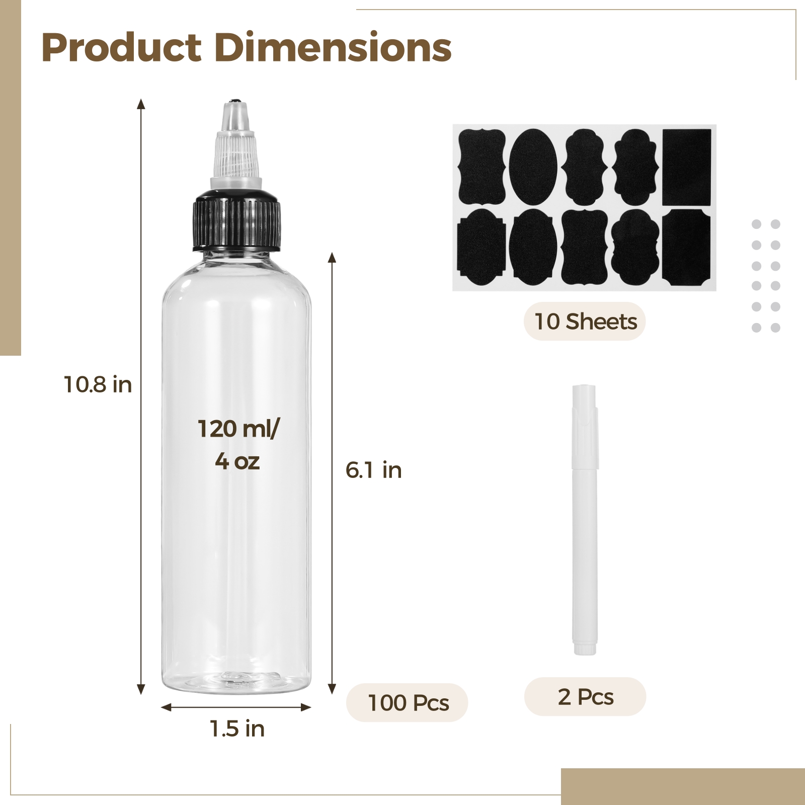 100 Pcs Plastic Squeeze Bottles, 4 oz Boston Dispensing Bottles, Transparent Condiment Bottles with Twist Top Caps, Squeeze Dropper Bottles with 10 Sheets Stickers and 2 Pens