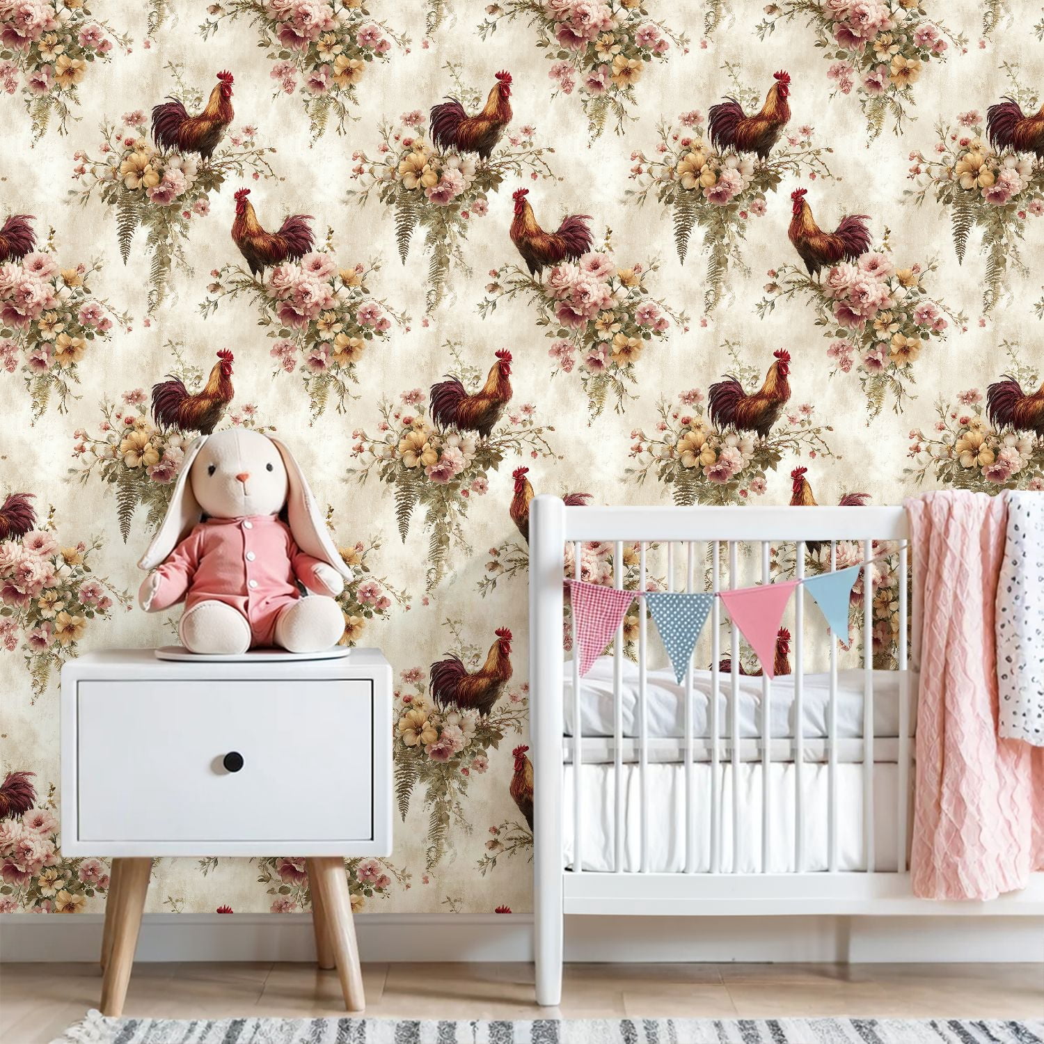 Peel and Stick Wallpaper 23.6in x 9.8ft Rustic Country Inspired Roosters Flowers Vines Farmhouse Contact Paper Vinyl Waterproof Self Adhesive Wall Paper for Bedroom Shelf Cabinet Renter Friendly