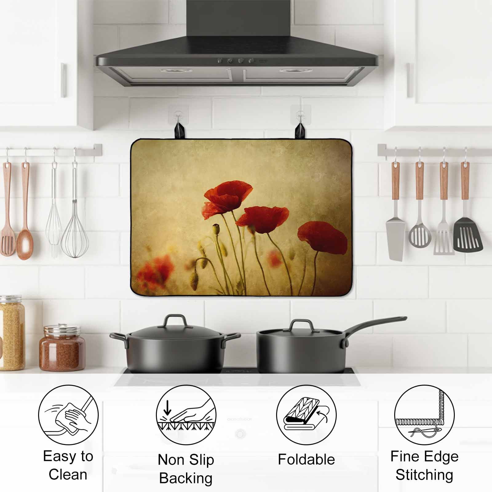 Red Poppy Flower Stove Top Cover for Electric Stove, Heat-proof & Non Slip Glass Top Stove Cover Protector, Vintage Farmhouse Vintage Floral Plant Kitchen Flat Cooktop Rubber Mat 24x21 Inches