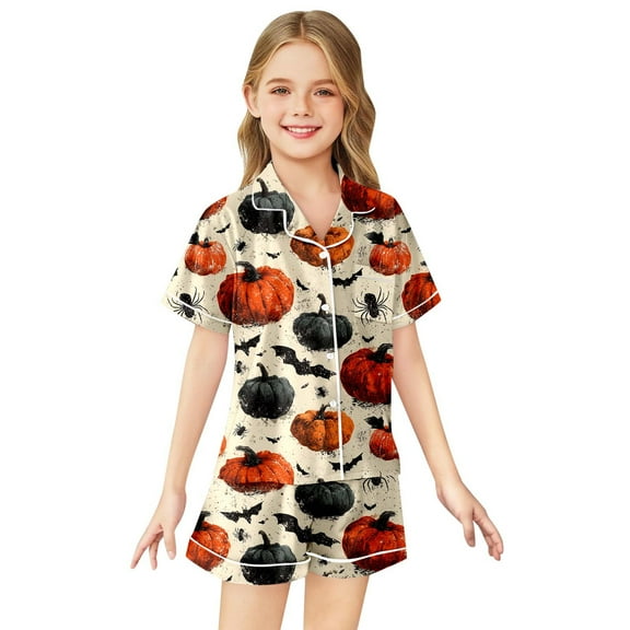 Halloween Pajamas Set Pumpkin Ghost Print Girls Satin Pajamas Short Sleeve Button-Down Top Shorts Set Kids Preppy Stuff for Girls 8-9 Years