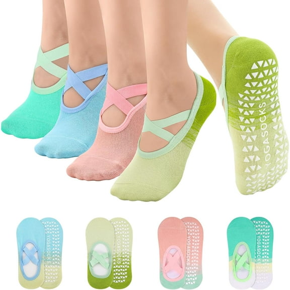 Pilates Socks with Grips for Women X-Cross Straps Non Skid Yoga Socks Anti Slip Barre Pilates Hospital Grippy Socks