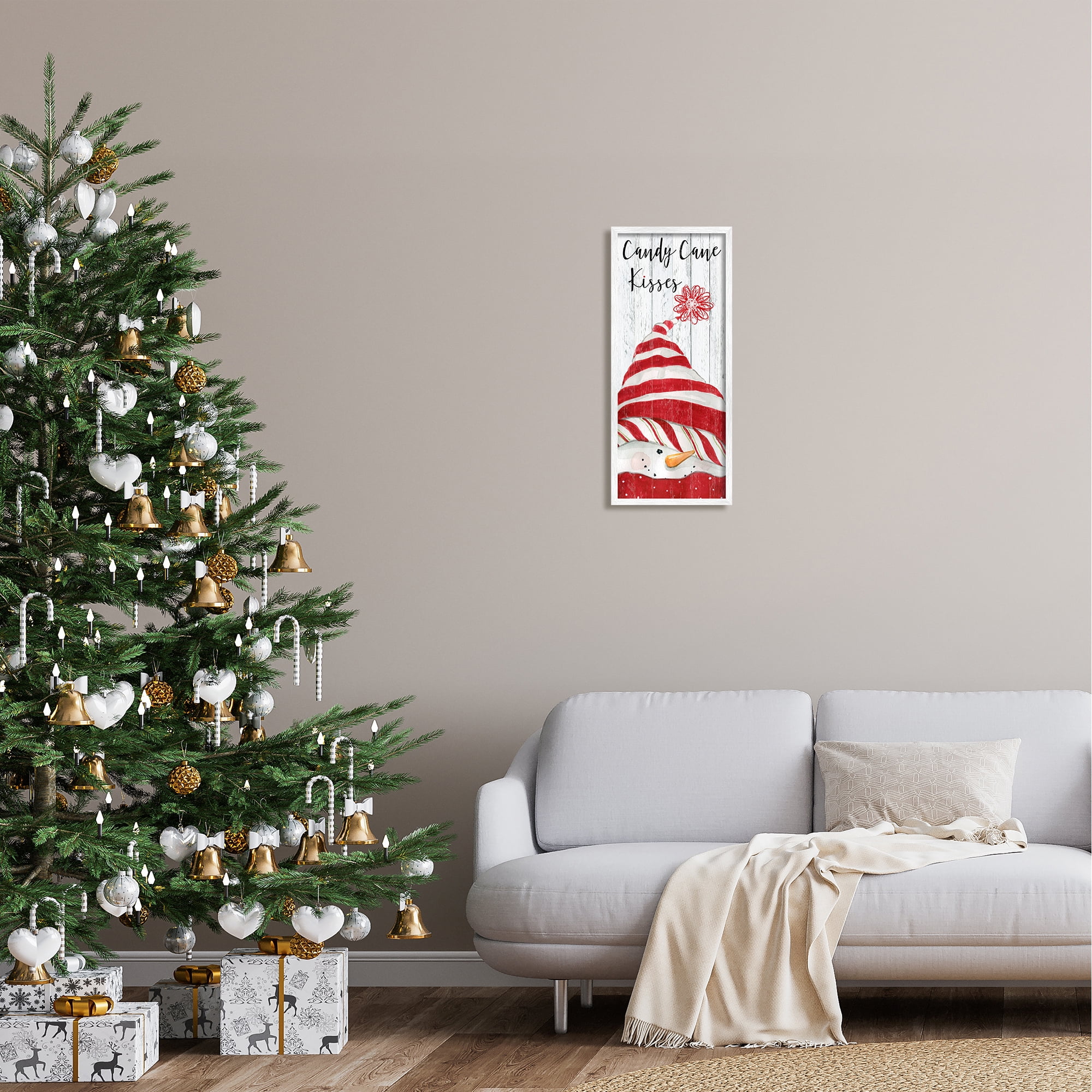Stupell Industries Candy Cane Kisses Phrase Holiday Painting White Framed Art Print Wall Art, 10 x 24