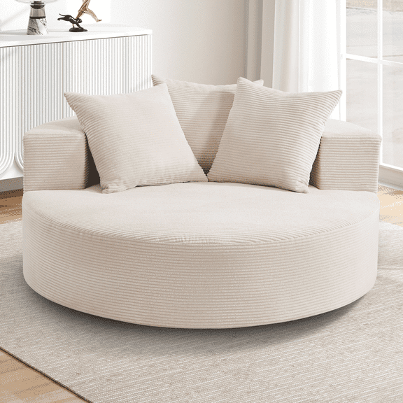 Ebello 58" Oversized Round Swivel Accent Chair, Corduroy Upholstered with 360-Degree Rotating Base for Living Room Bedroom, Beige
