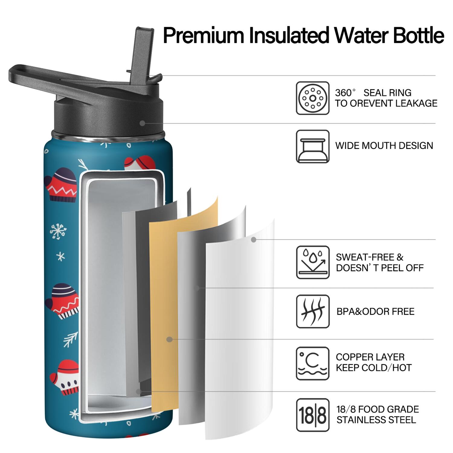 Christmas 18 oz Insulated Stainless Steel Water Bottle with Straw & Cleaning Brush , Leakproof, BPA-Free, 304 Stainless Steel, Wide Mouth, Travel Mug for Car, Gym, Office