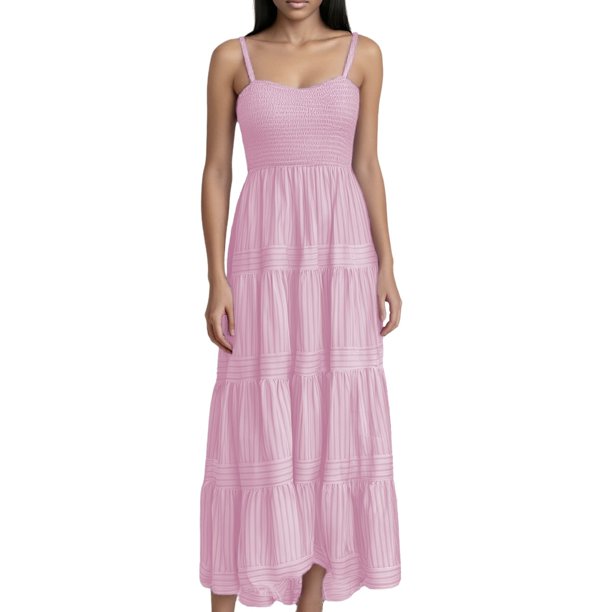 Vestido largo bohemio con tirantes a rayas para mujer - Vestido largo informal de verano para la playa