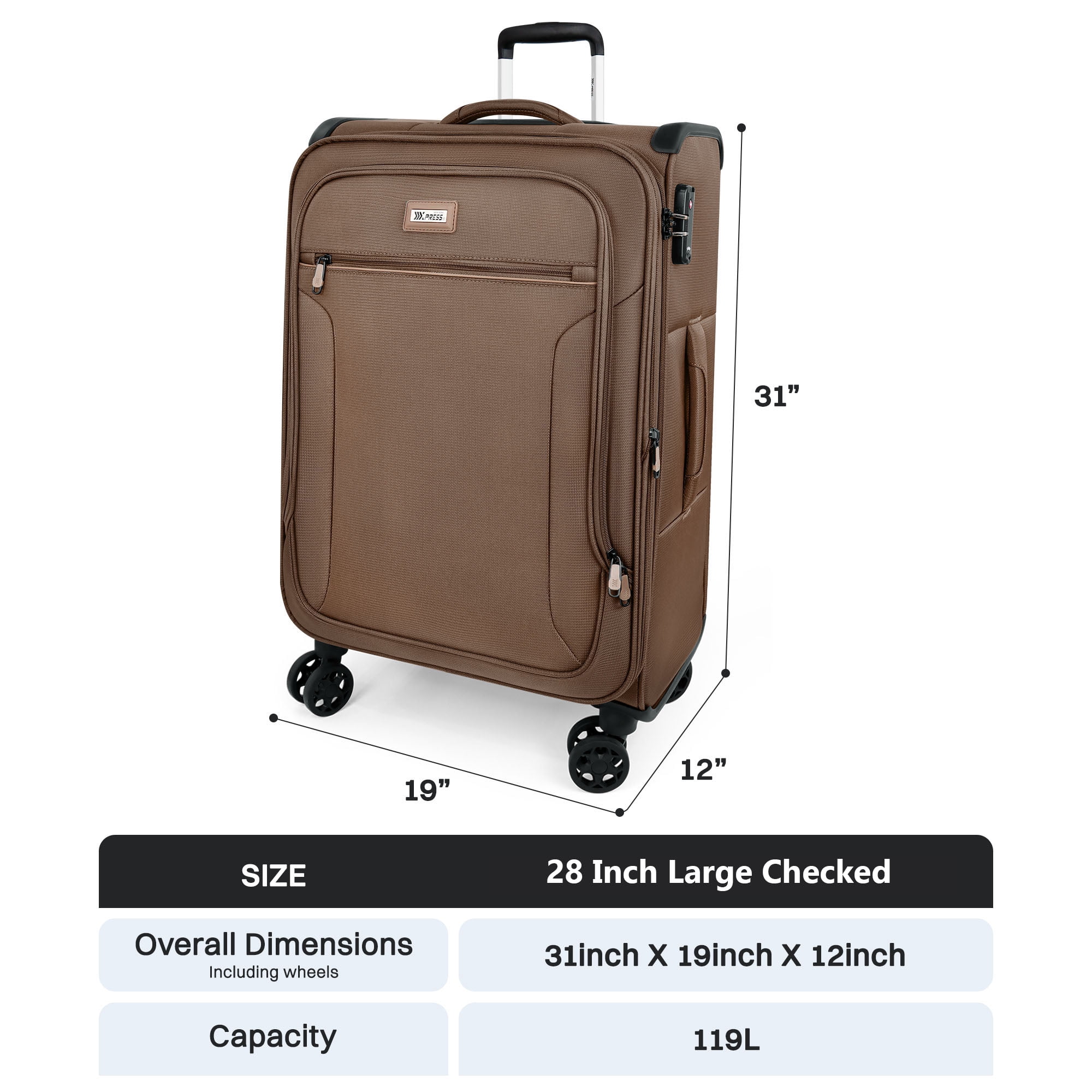 28 Inch Large Softside Checked Luggage,Expandable Soft Shell Suitcase with Spinner Wheels and TSA Lock,Durable Lightweight Travel Case,XJ1907-Coffee