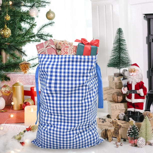 Bolsa de regalo de Navidad con cordón grande de tela de cuadros | 27,56 x 19,69 in | Saco reutilizable de tela para regalos navideños, caramelos y artículos para fiestas | Colores festivos Negro