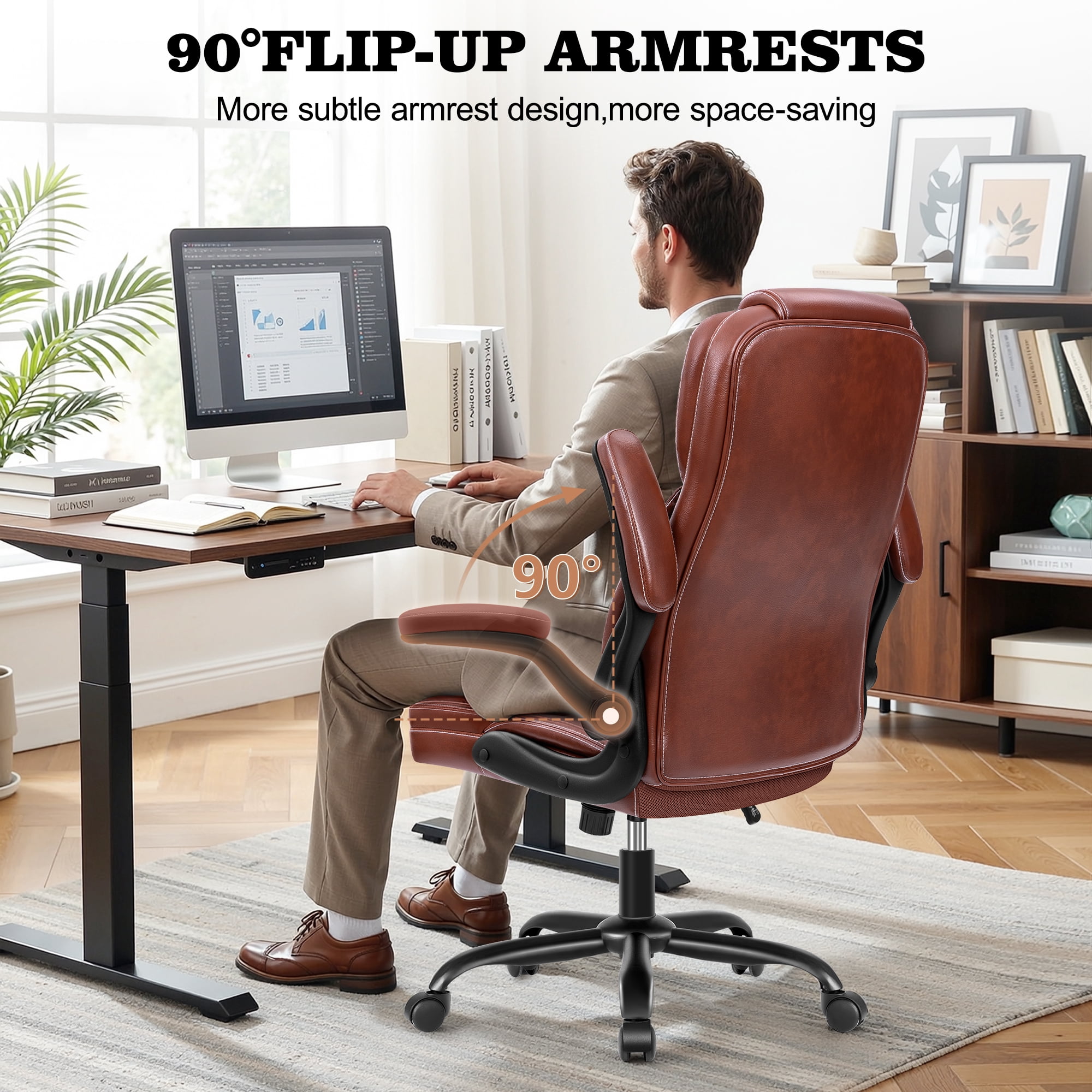 STACOO Large Executive PU Leather Office Chair with Adjustable Armrests, High Back and Lumbar Support, Ideal for Big and Tall Users, Home Office Chair Computer Desk Chair, Brown