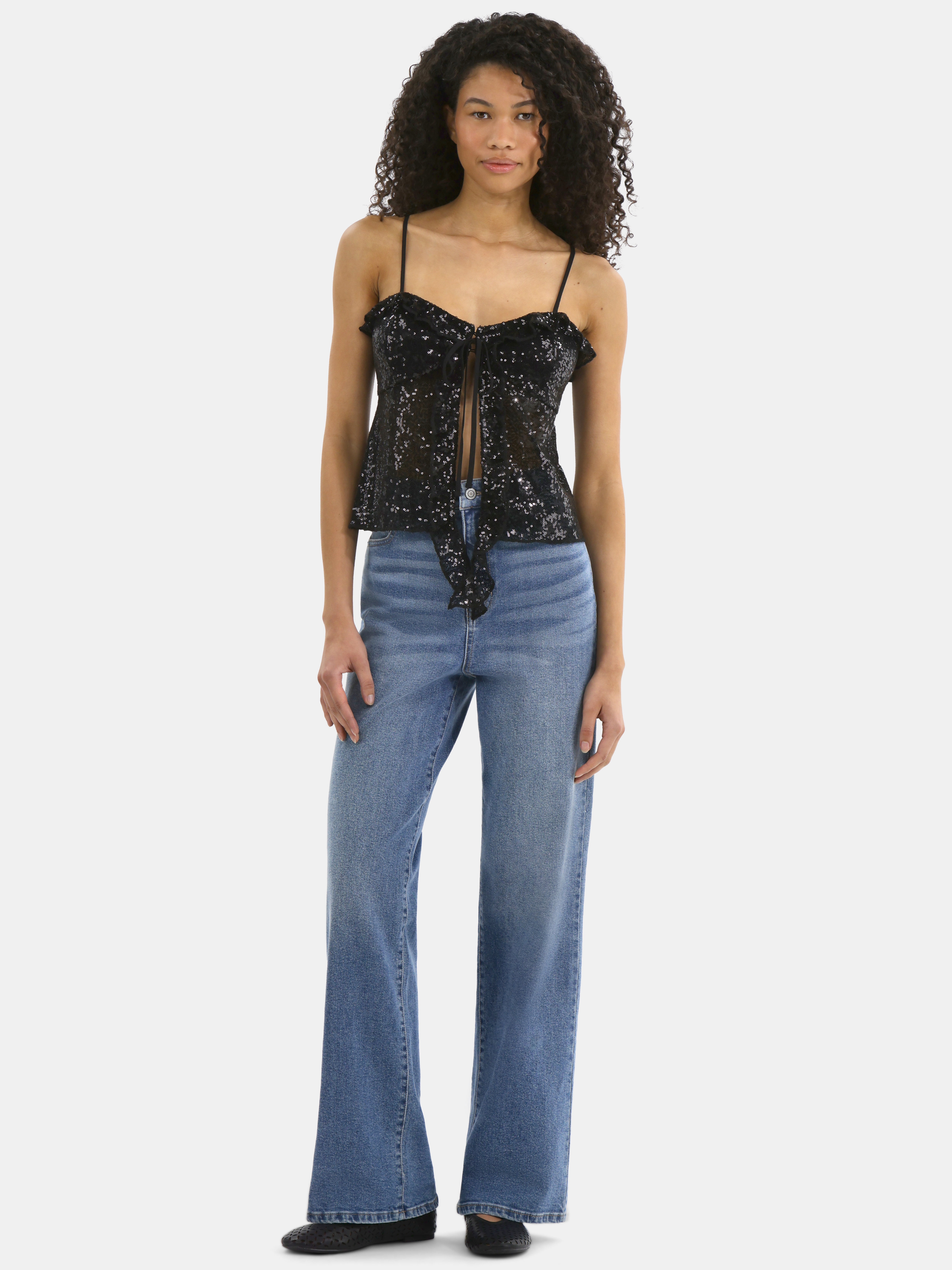 No Boundaries Sequin Ruffle Tie Front Cami, Women's - Walmart.com