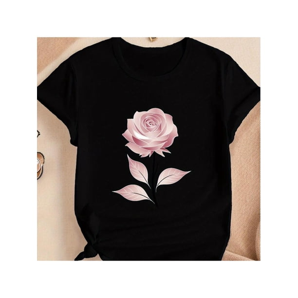elegant Pink Rose Graphic Cotton T-Shirt For Fashionable Women