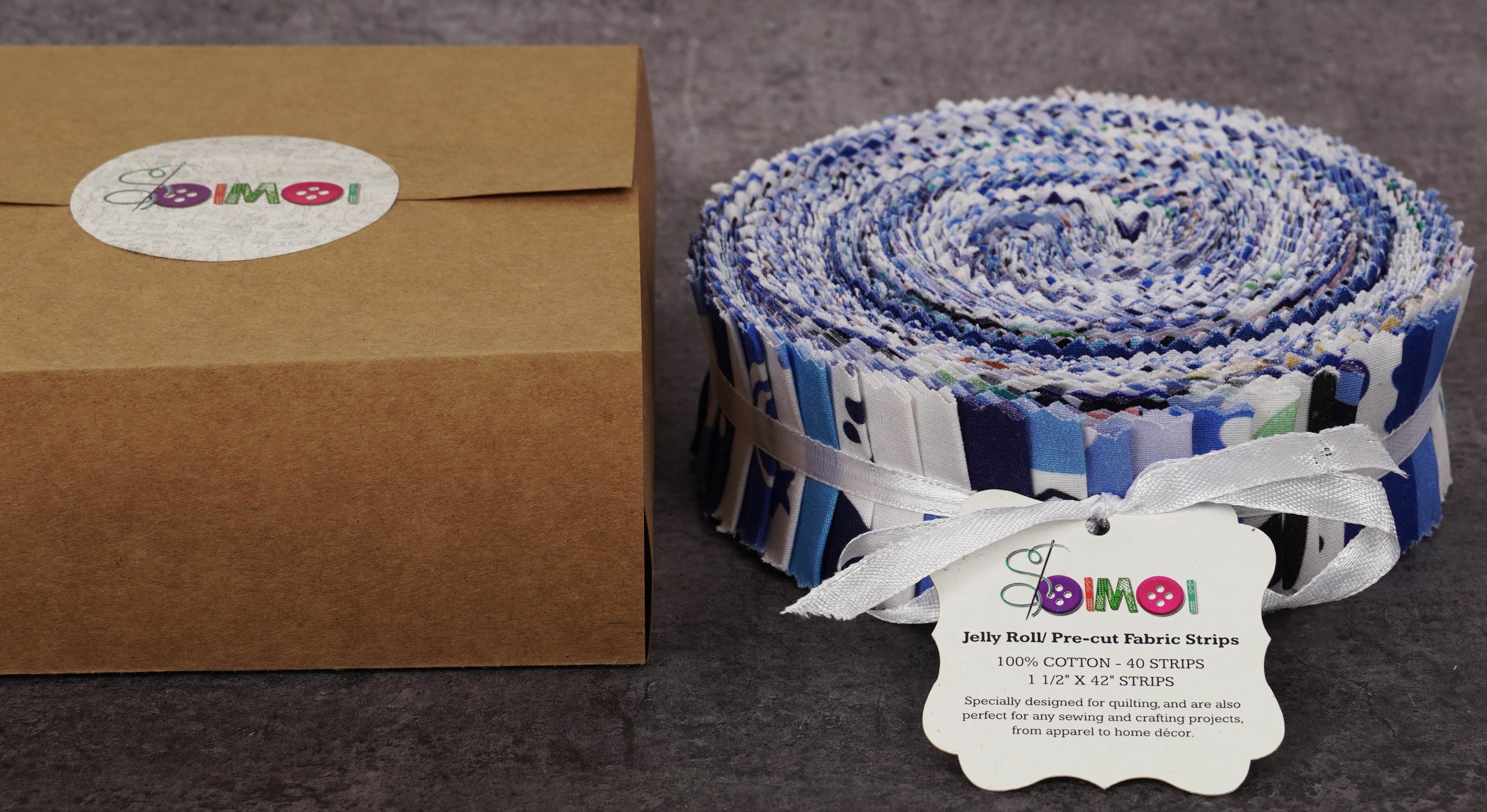 Soimoi 40Pcs Baby Boy Print Precut Fabrics Strips Roll Up 1.5x42inches Cotton Jelly Rolls For Quilting - Medium Blue
