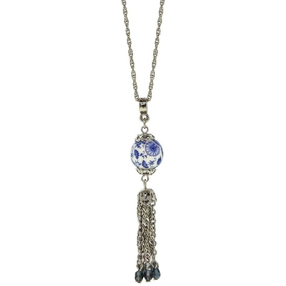 1928 Jewelry Blue Willow Round Bead With Tassel Drop Necklace For Women 16"   3" Extender