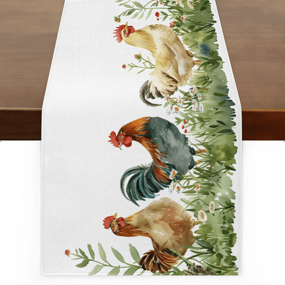 Qzaxky Table Runner Boho Table Runner Farmhouse Chicken Rooster Herbs Wild Flowers Bohemian Boho Outdoor Table Runner Decoration for Indoor Outdoor Home Dinner Party Wedding Decor 13 x 36 Inch