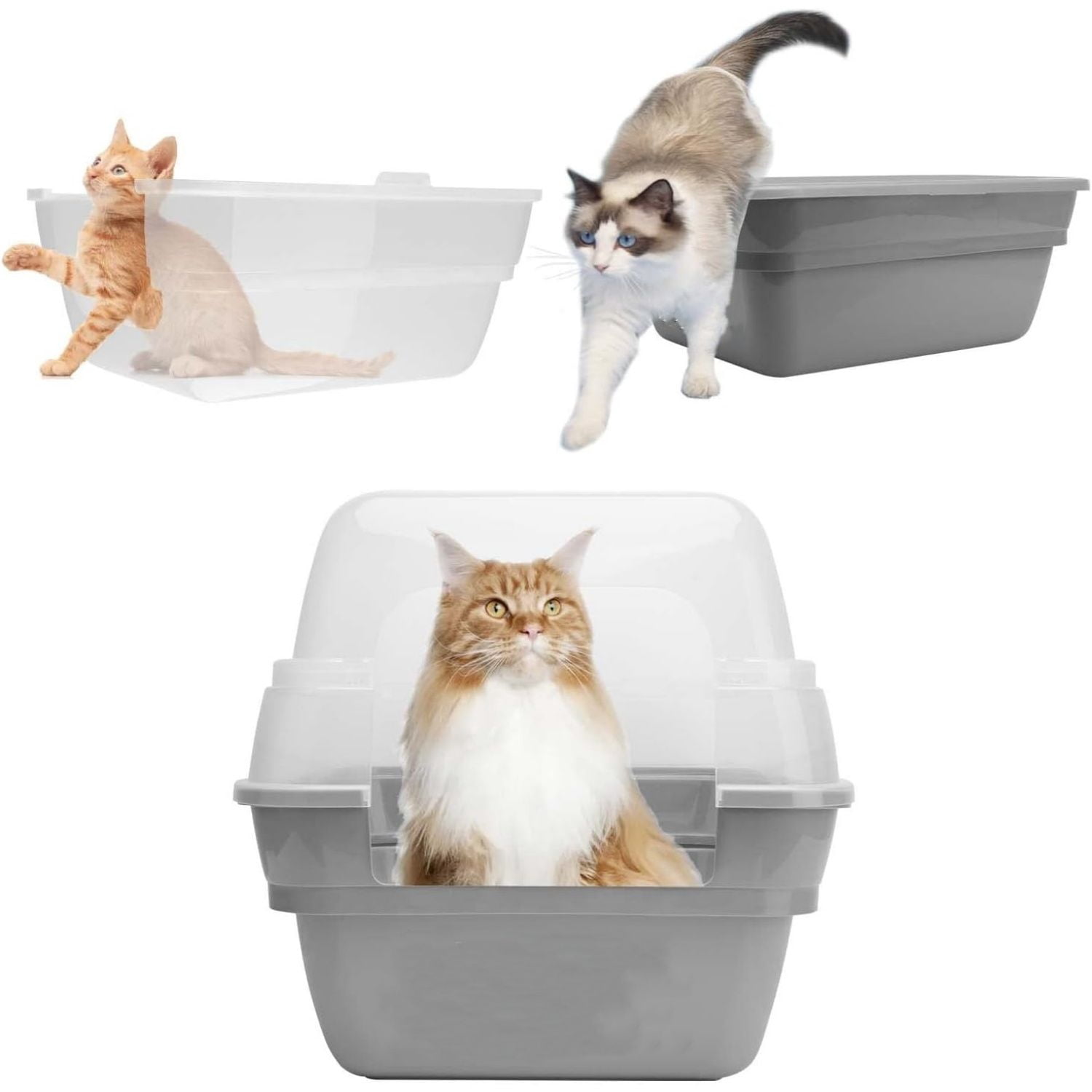 Cat Litter Box, Large Foldable Jumbo Hooded with Transparent Lid,Grey