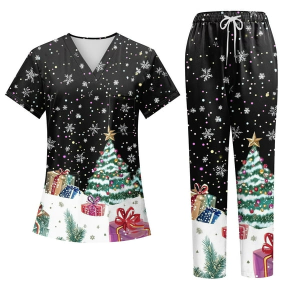 Ladies' Nurse Uniform Two-Piece Set: Short Sleeved Christmas Print Top with Pockets & Pants, Black, Size L​