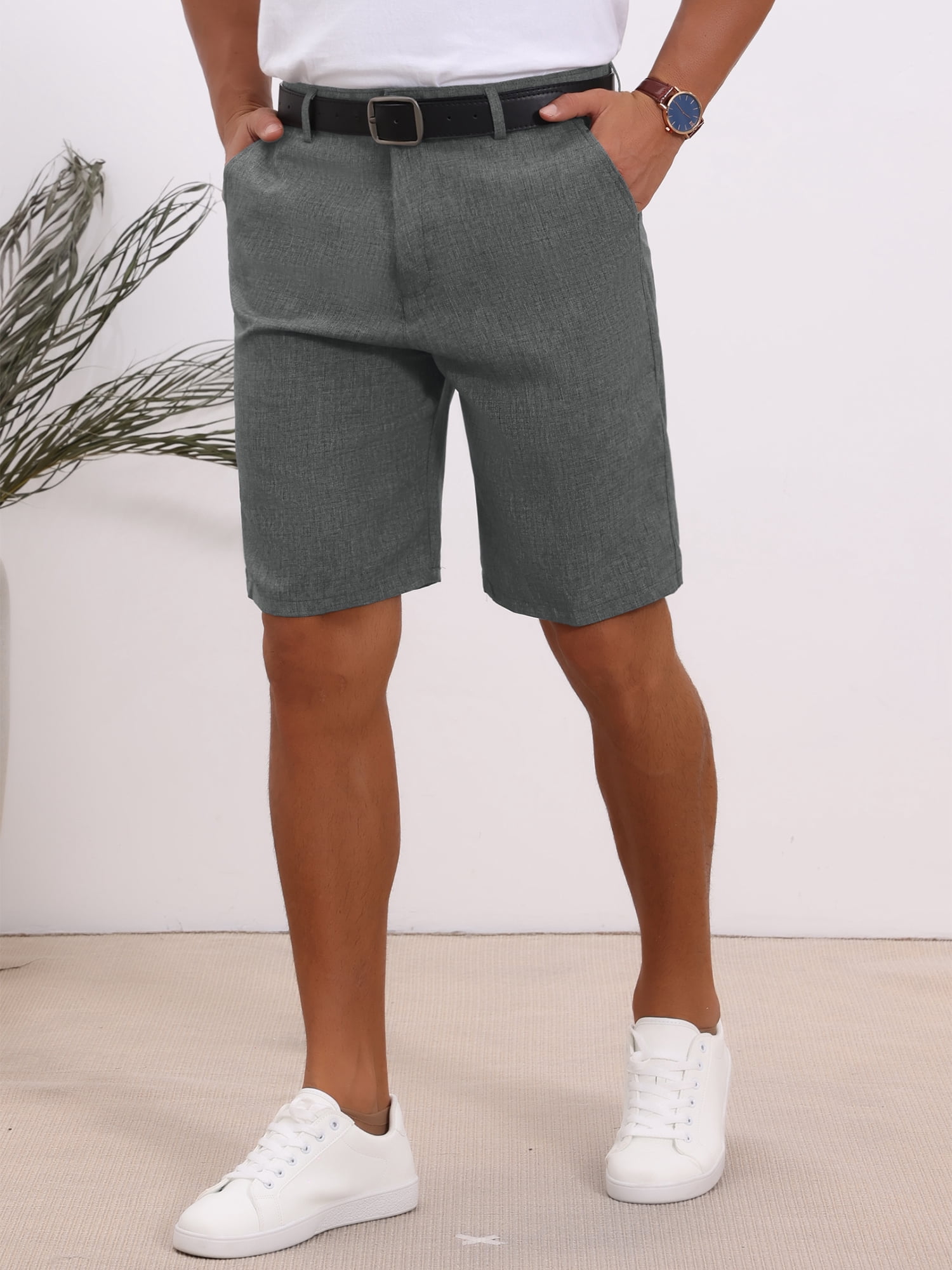 DARING DIVA Men's Above Knee Formal Linen Texture Shorts Pants with Pockets 30 Gray