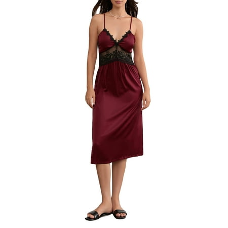 Xsylife Women Lace Patchwork Satin Sleep Dress Spaghetti Strap Chemise Nightgown Slip Lingerie Dress Sexy Sleepwear