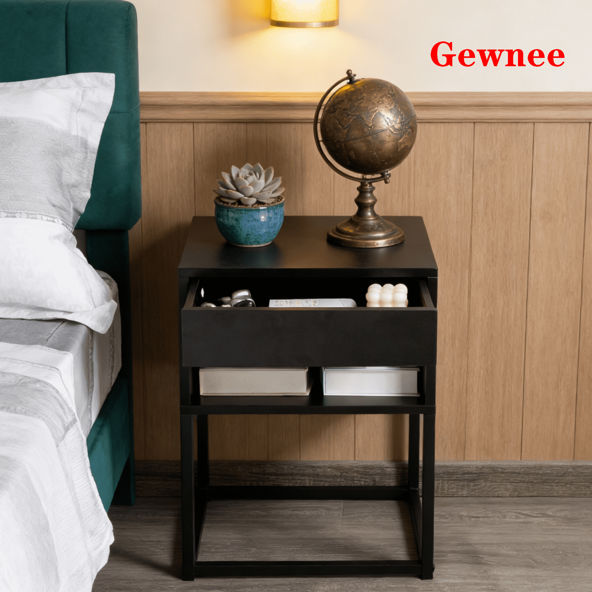 Gewnee 15.91" Small Nightstand with Drawer and Storage Shelf, MDF Wood Side Table with Metal Legs for Small Spaces, Black