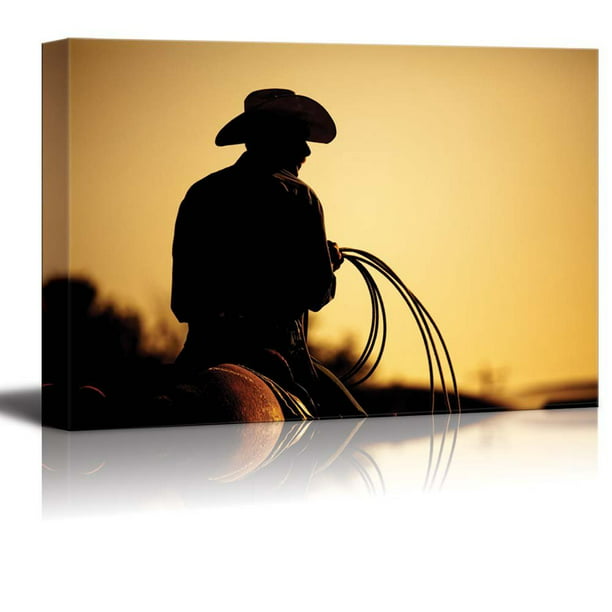 Cowboy with Lasso Silhouette at Small Town at Sunset American Western ...