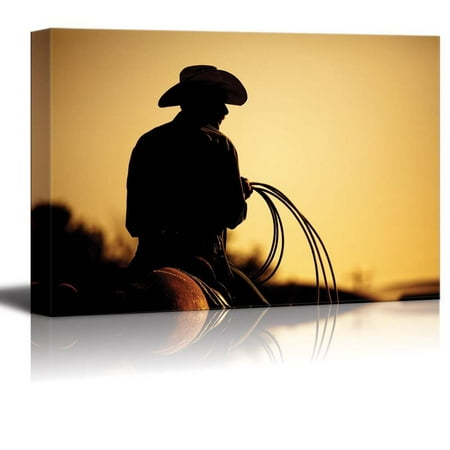 Cowboy with Lasso Silhouette at Small Town at Sunset American Western Landscape - Canvas Art Wall Decor - 32