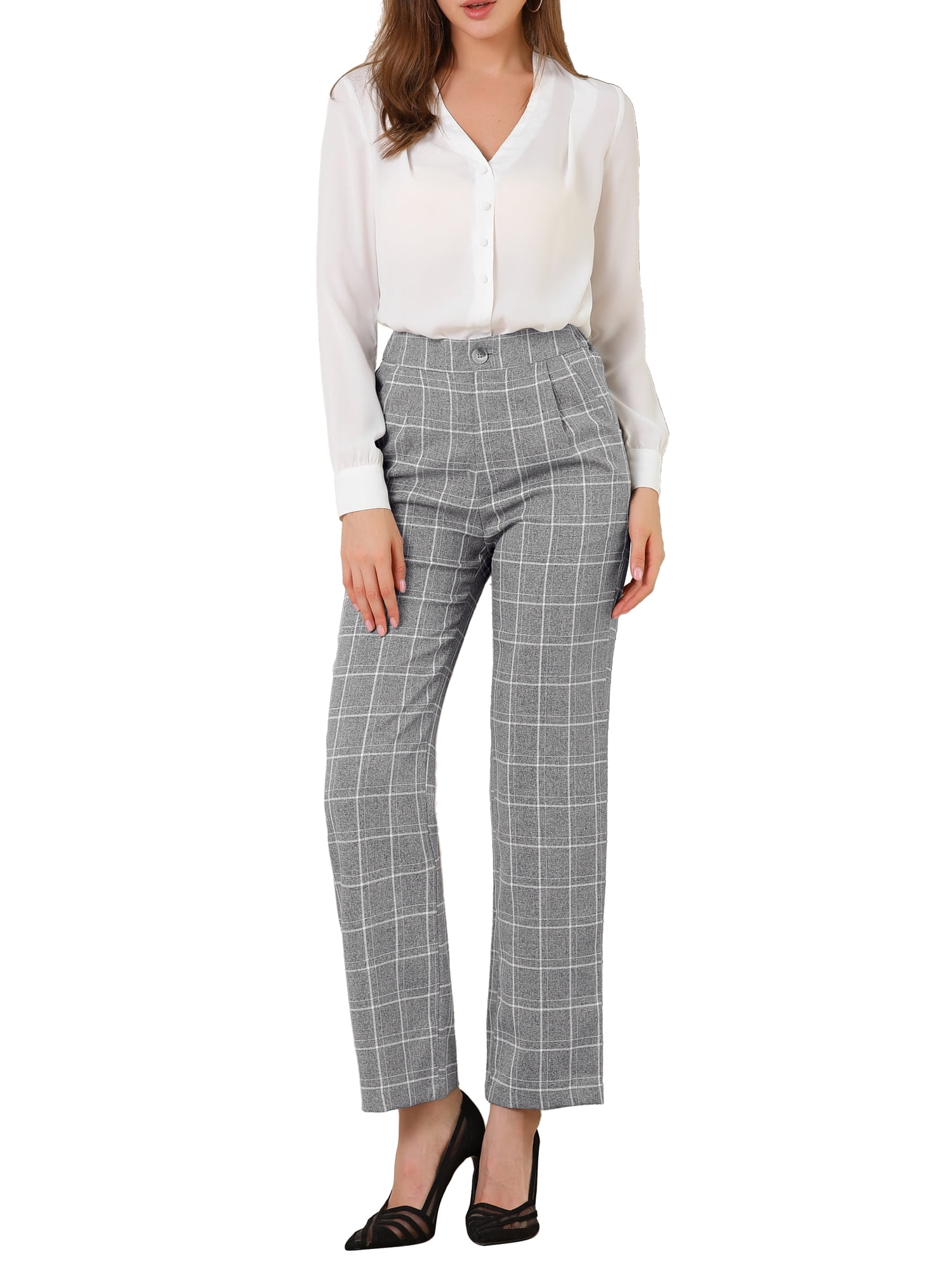 DARING DIVA Women's Plaid Trousers Pockets Straight Leg Casual Pant S Gray