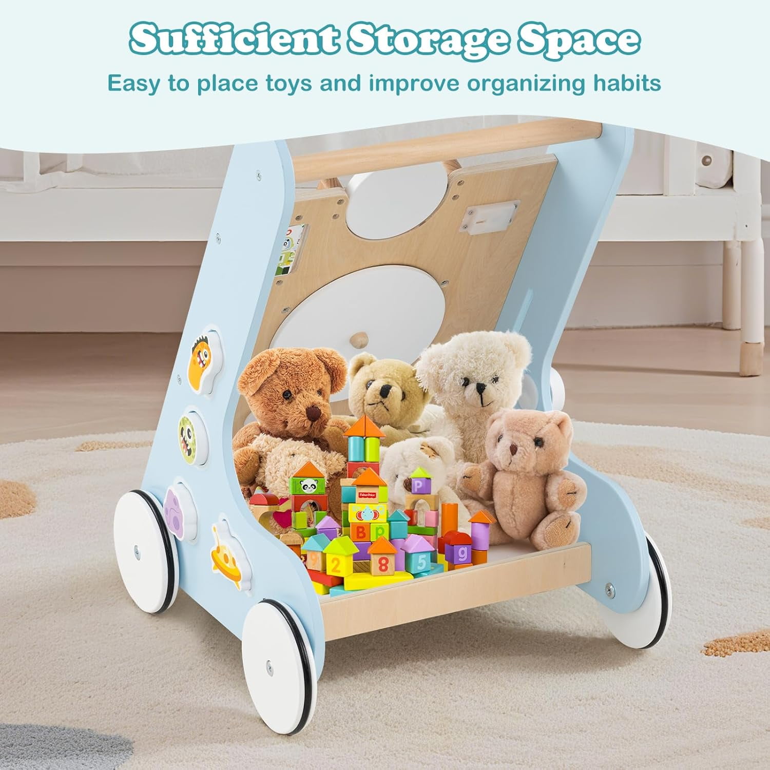 INFANS Wooden Baby Walker, Montessori Walker with Multiple Activity Toys, Storage, Push Walker Toys for Infant Learning to Walk, Sit to Stand Walker for Boys Girls