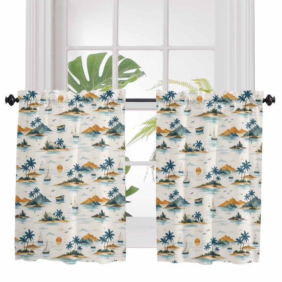 Summer Coastal Bathroom Window Curtain, Ocean Palm Leaf Sailboat Island Scenery Light Filtering Coffee Kitchen Curtains, Bedroom Living Room Curtains 2 Panel 84"x45"