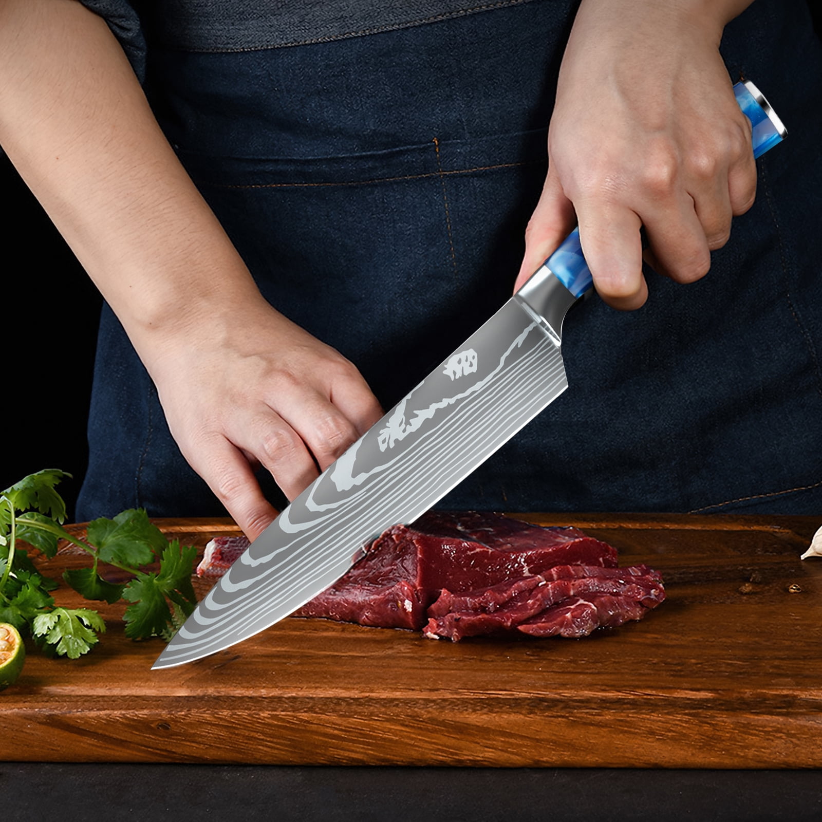 MDHAND Kitchen Chef Knife Set, 8-Piece Japanese Knife Set with Blue Resin Handle and Laser Damascus Pattern