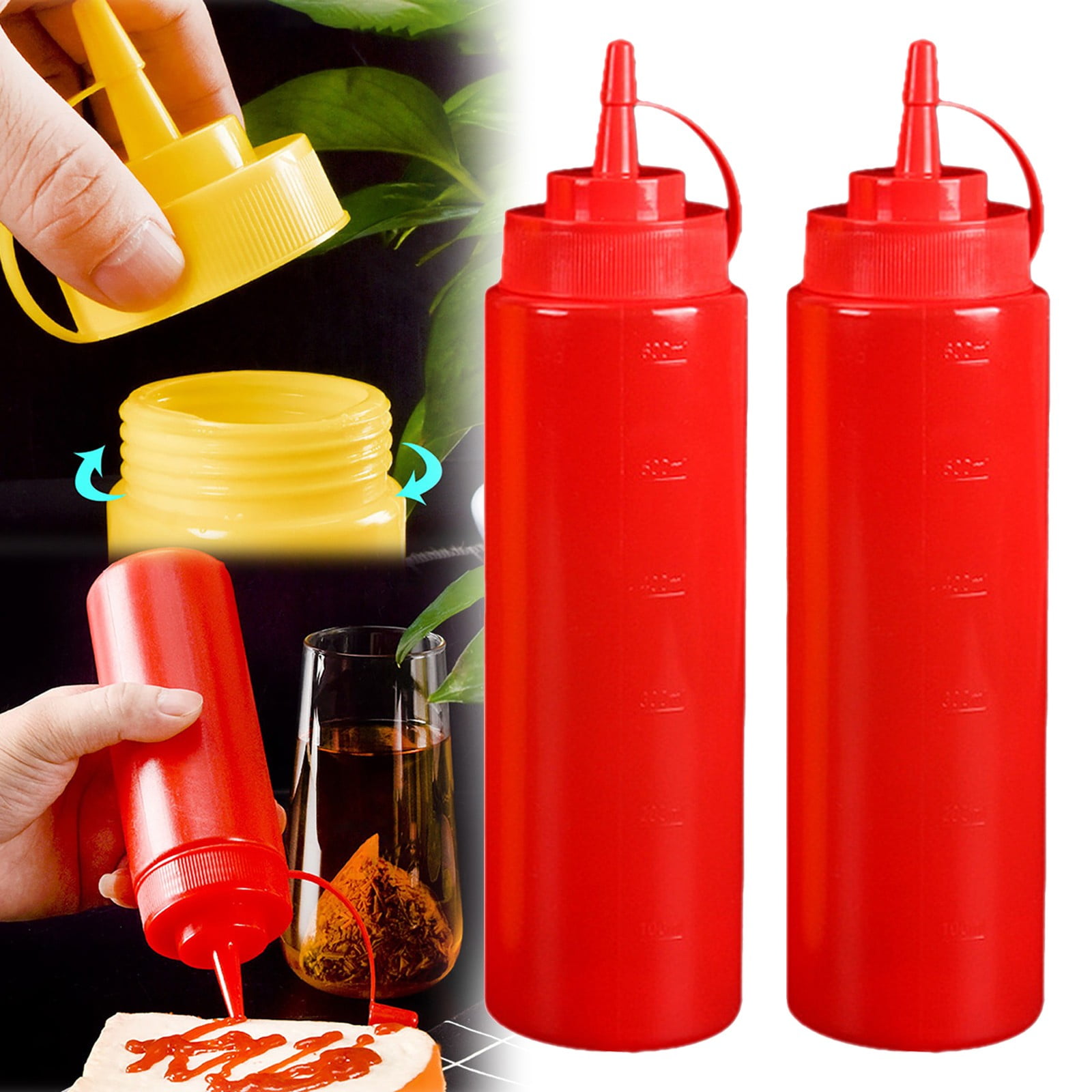 Condiment Squeeze Bottles, Ketchup Dispenser, 2PCS 24 oz Plastic Sauce Squirt Bottle with Cap Lids, Pancake Squirt Bottles for Sauces Liquids Mustard BBQ Dressing Pancake Art, Red, 2.63x10.43"