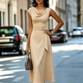 thumbnail image 3 of Morttic Women's Solid Color Sleeveless Cowl Neck Midi Dress – Elegant Ruched Tied Waist A-Line Dress Office & Party Wear Khaki，L, 3 of 6