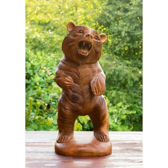 Wooden Hand Carved Grizzly Bear Standing Statue Handcrafted Handmade Figurine Sculpture Art Rustic Lodge Cabin Outdoor Indoor Home Decor Accent Decoration