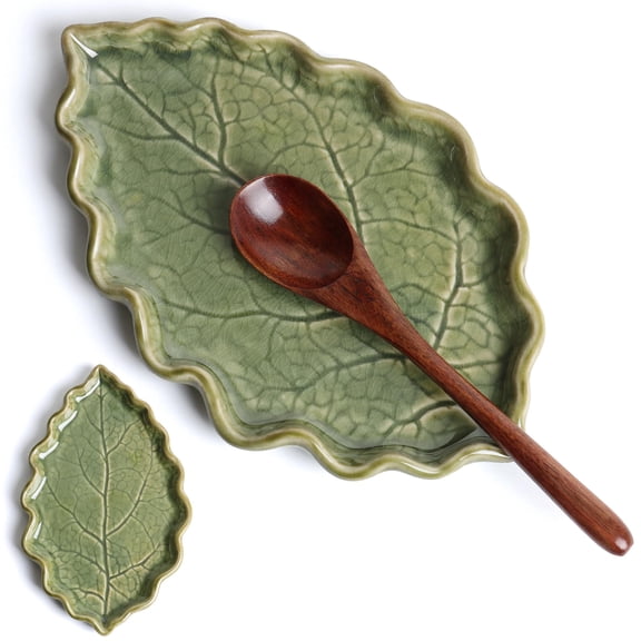 Shihaoyuan Leaf Shaped Ceramic Spoon Rest, Utensil Holder for Stove Top, Green, 1 Piece