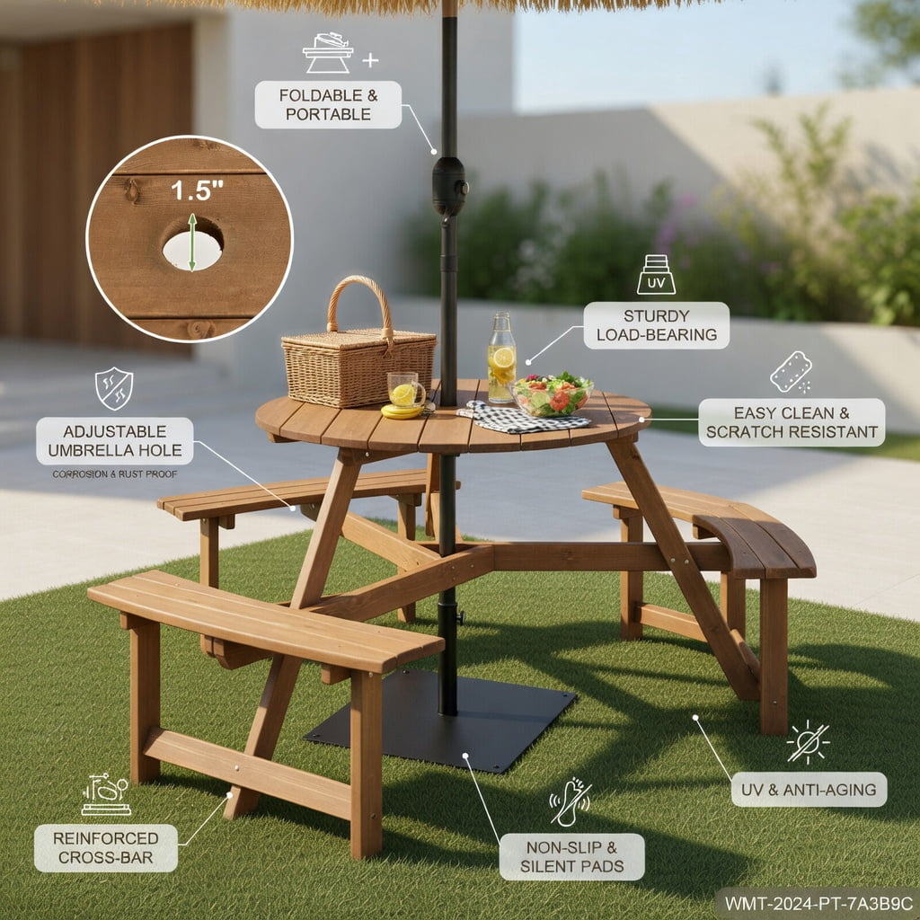 Hommoo 6-Person Round Wooden Picnic Table with Umbrella Hole, Outdoor Patio Table with 3 Built-in Benches, Rustic Solid Wood Design for Backyard, Garden & Deck, Dark Brown