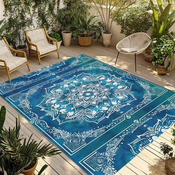 Fsddascl Teal Green Boho Outdoor Rug for Patio/Deck/Porch, Non-Slip Large Area Rug 4 x 6 Ft, Abstract Floral Modern Ethnic Tribal Indoor Outdoor Rugs Washable Area Rugs, Camping Rug Carpet