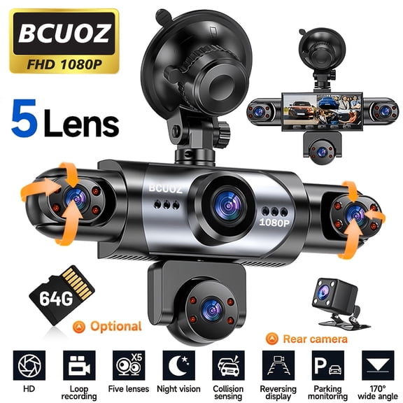 BCUOZ 5-Lens Panoramic Dash Cam with Split Screen, Super Night Vision, Loop Recording, G-Sensor, 24H Parking Monitor, Optional Memory Card