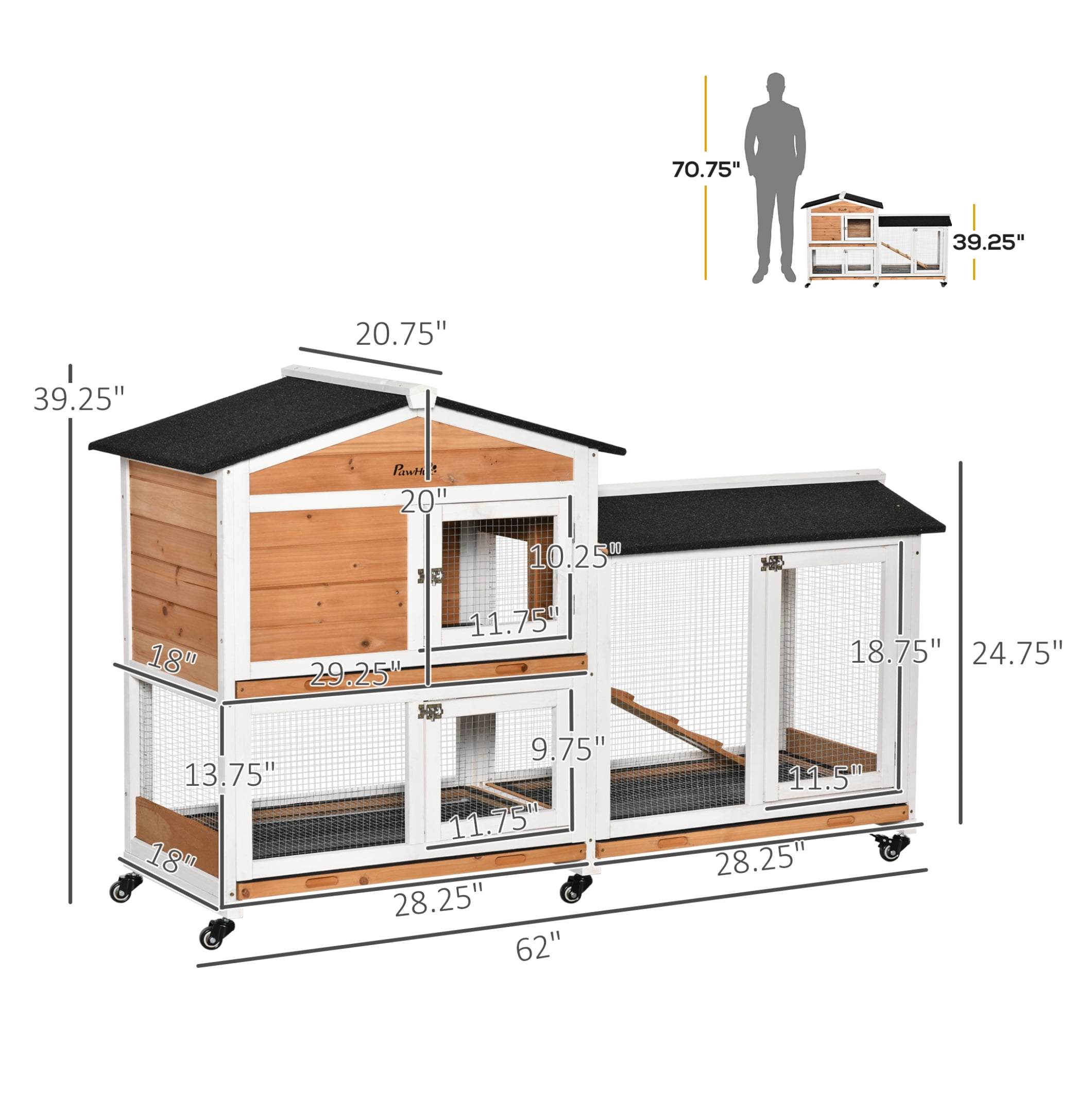 PawHut 62" Rabbit Hutch, Wooden Bunny Hutch, Guinea Pig Cage, Small Animal Enclosure with Wheels, Run Area, Removable Tray, Asphalt Roof, Lockable Doors and Ramp, Nature Wood