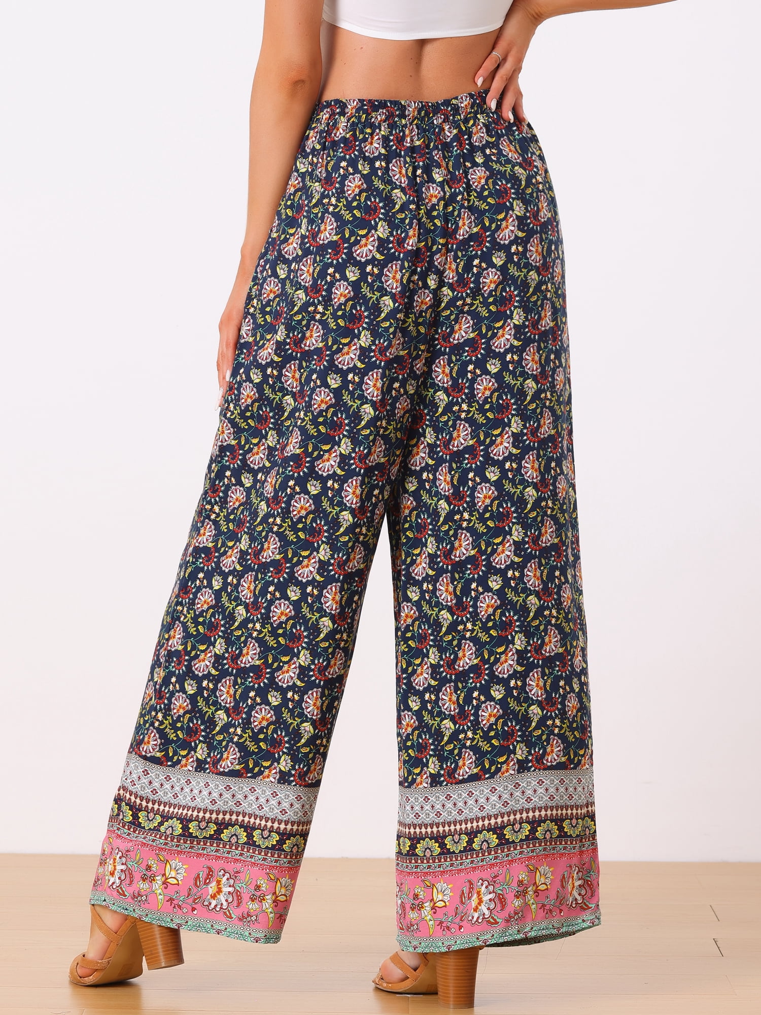 DARING DIVA Women's Drawstring Waist Wide Leg Floral Pants with Pockets M Navy Blue