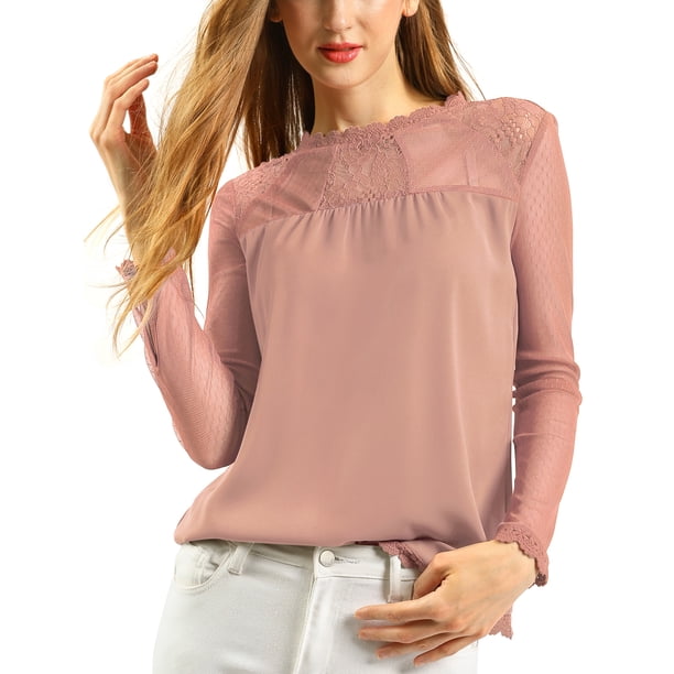 INSPIRAR CHIC Blusas Casuales de Cuello Redondo para Mujeres con Encaje Floral de Manga Larga en Chiffon Tallas S Rosa Claro