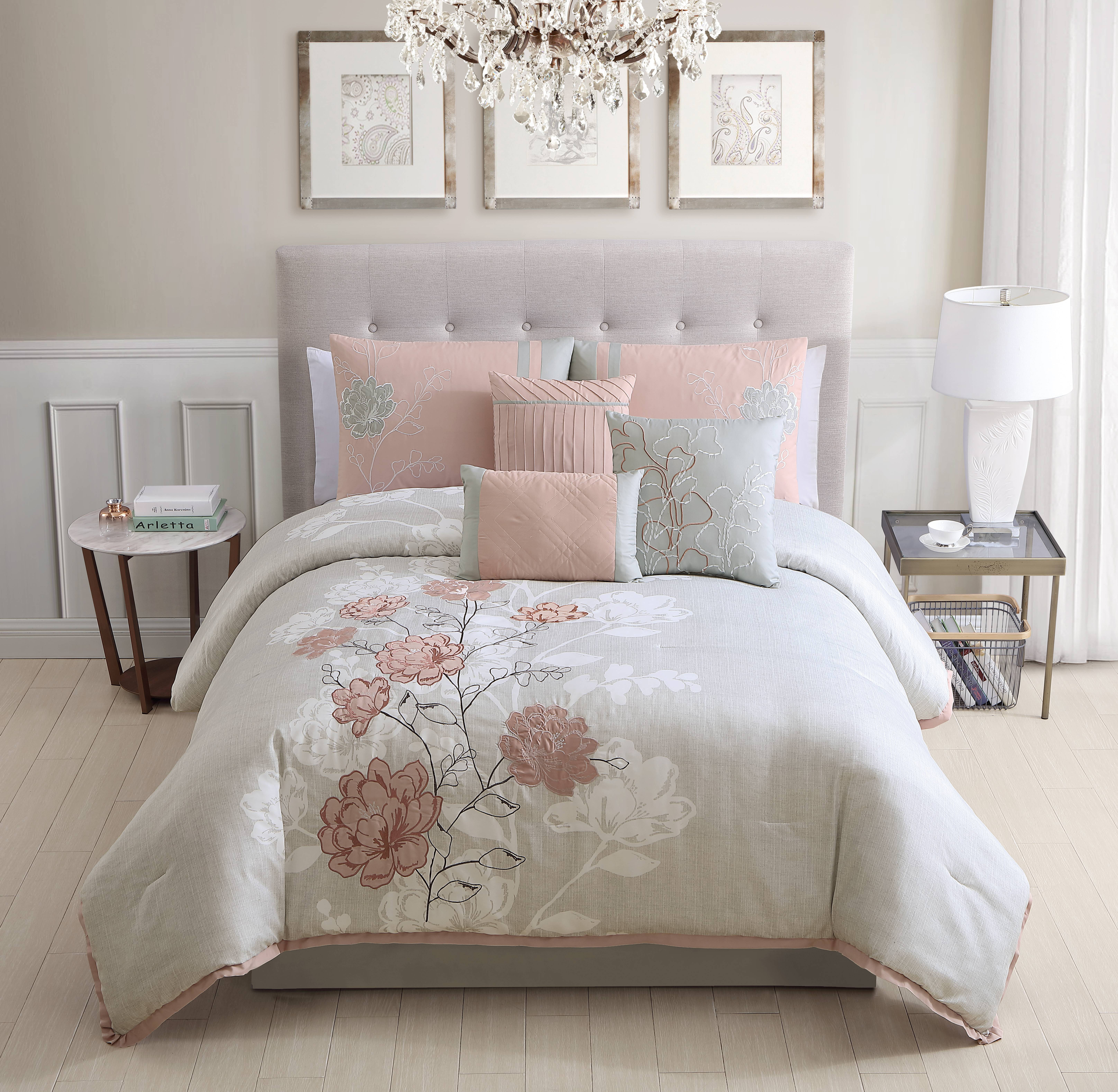 Floral Embroidered Roses 7Piece Comforter Set, Blush, Full