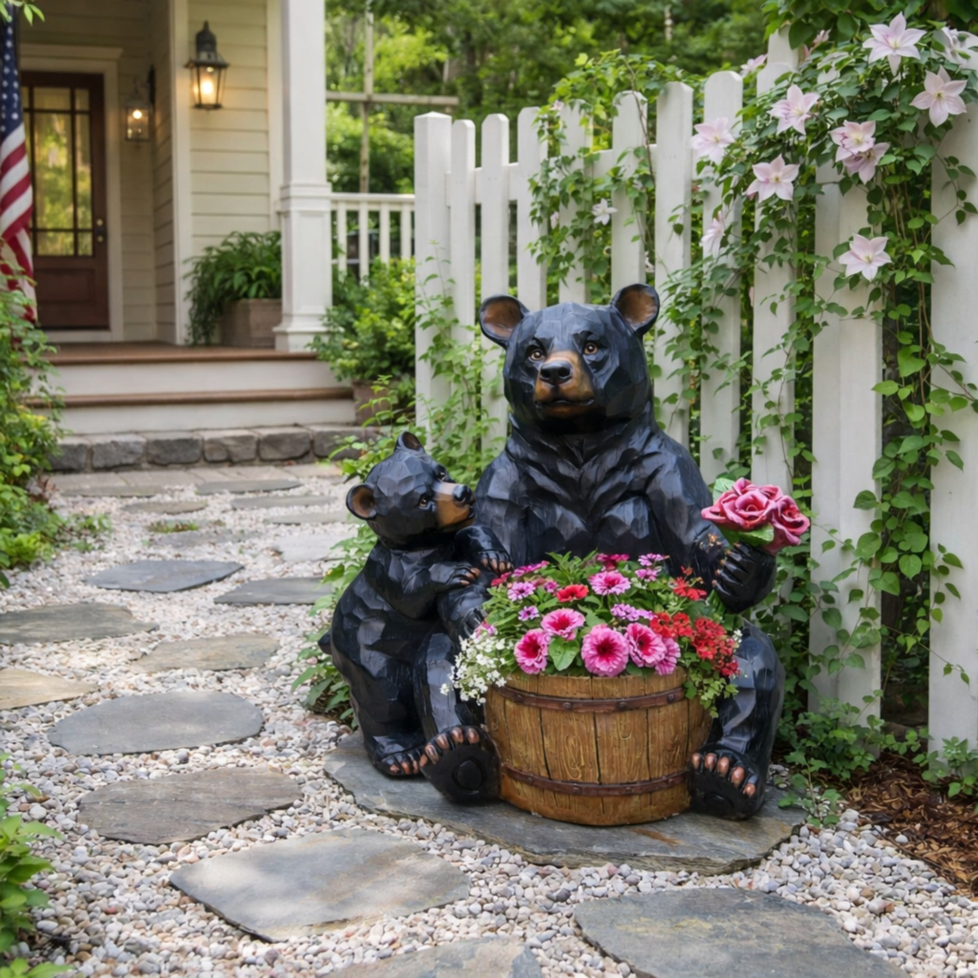 Bear Planter Statue Outdoor Garden Sculpture, Black Resin Flower Pot with Cub Design, Large Yard Decor for Patio Lawn