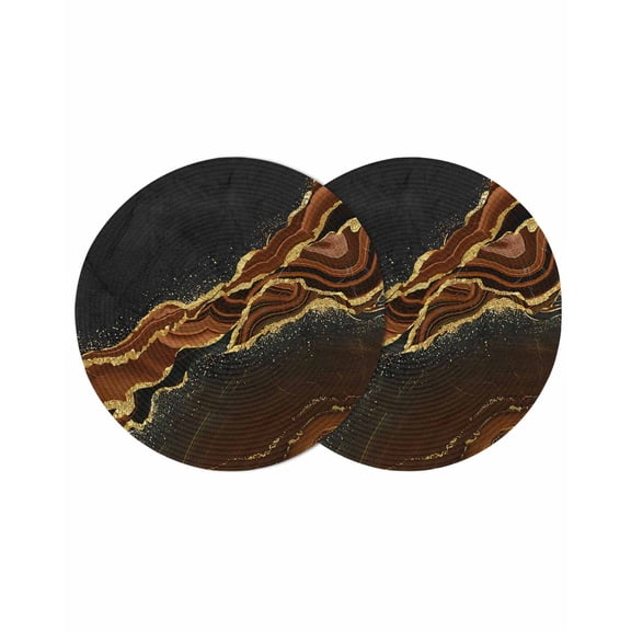 Brown Marble Round 15 Inch Placemats Set of 2, Gold Abstract Vintage Modern Ombre Art HeatResistant Non Slip Place Mats for Dining Table, Wipeable Braided Kitchen Table Mats for Housewarming