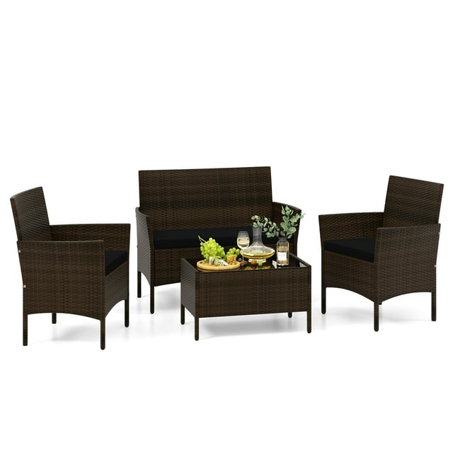 Patiojoy 4 Piece Patio Rattan Conversation Set Outdoor Wicker Furniture Set w/ Chair Loveseat & Tempered Glass Table Black