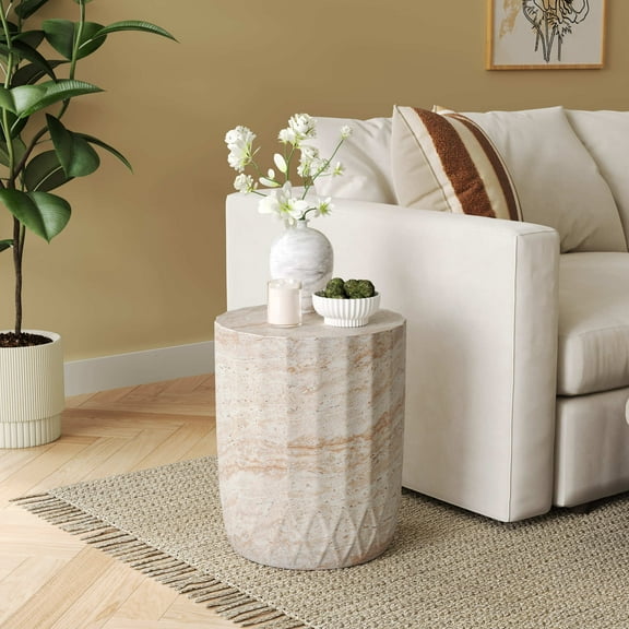 Christopher Knight Home Elegant 15" Outdoor Lightweight Concrete Round Side Table, Travertine Finish