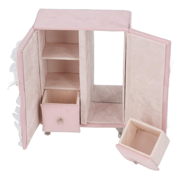 Loewten Dollhouse Wardrobe Furniture Accessory Pink Lint Rhinestones Cute Mini Armoire Jewelry Box For Girls Kid Mini Furniture Jewelry Box Miniature