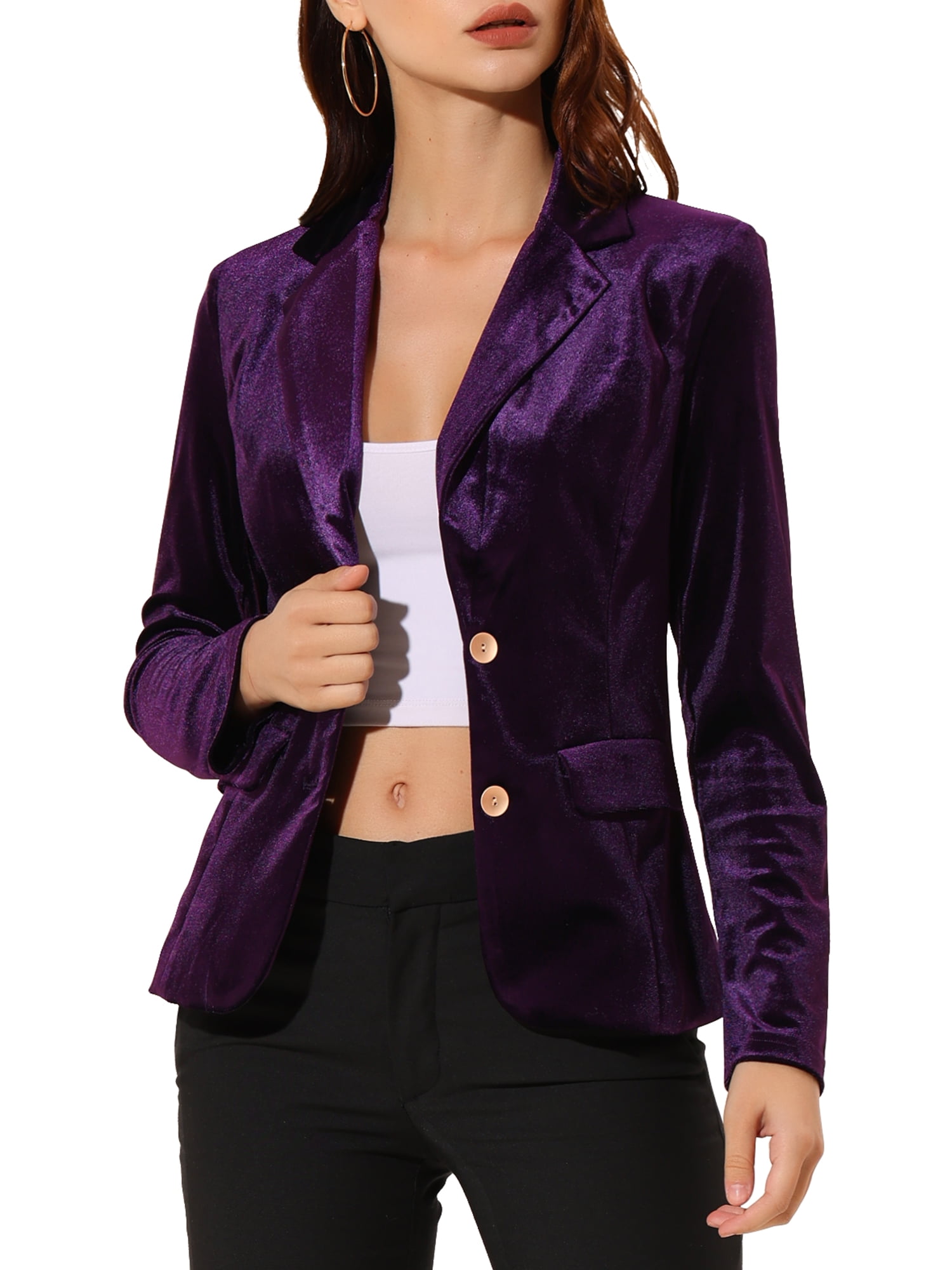 DARING DIVA Women's Notched Lapel Button Front Office Velvet Blazer S Purple